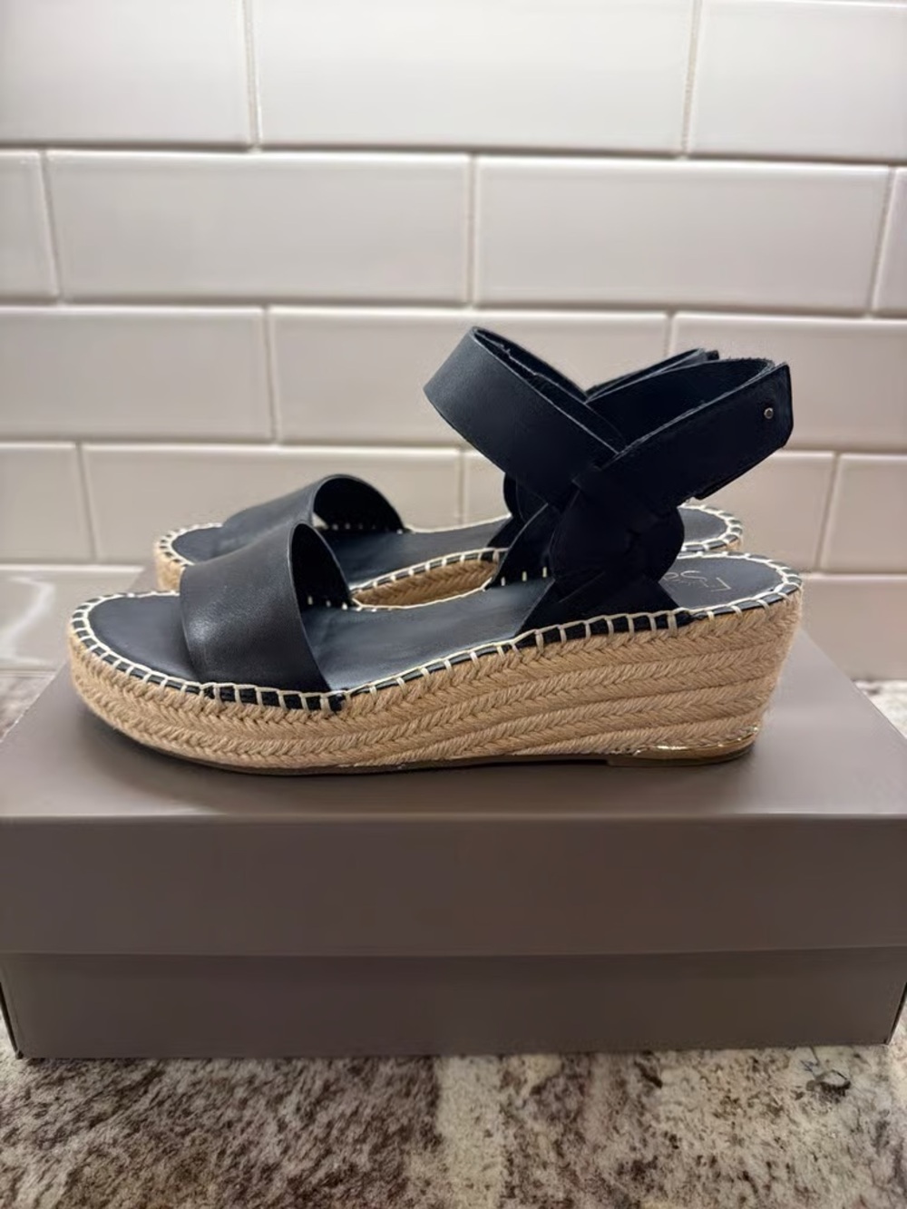 Time and Tru Black Espadrille Wedge Sandals with Ankle Strap